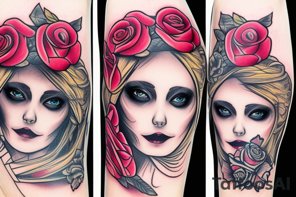 escise beautiful girls face in santa muerte style with blonde hair and a rose in it tattoo idea