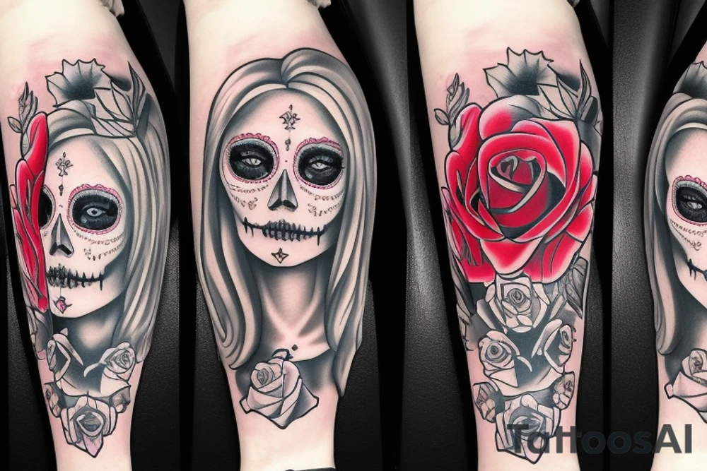 escise beautiful girls face in santa muerte style with blonde hair and a rose in it tattoo for arm tattoo idea