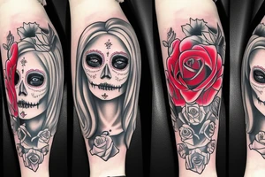 escise beautiful girls face in santa muerte style with blonde hair and a rose in it tattoo for arm tattoo idea