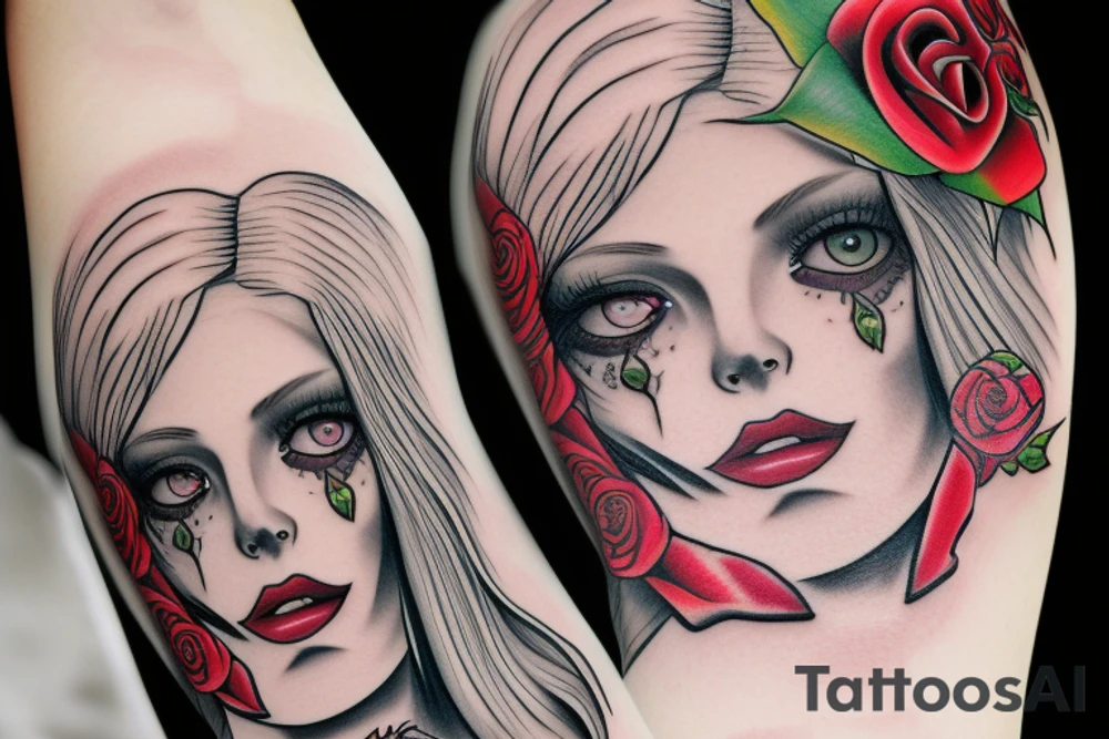 escise beautiful girls face in santa muerte style with blonde hair and a rose in it tattoo for arm tattoo idea