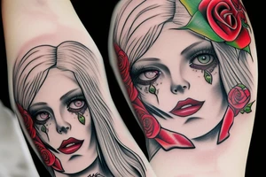 escise beautiful girls face in santa muerte style with blonde hair and a rose in it tattoo for arm tattoo idea