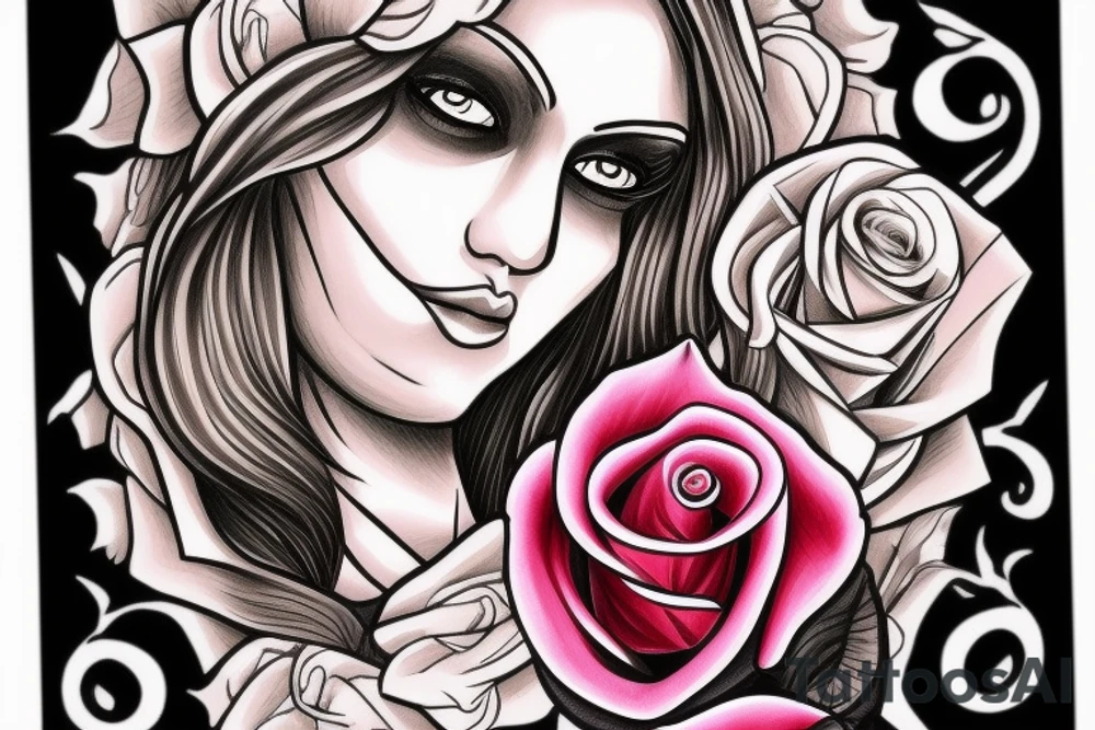 escise beautiful girls face in santa muerte style with blonde hair and a rose in it tattoo for arm tattoo idea