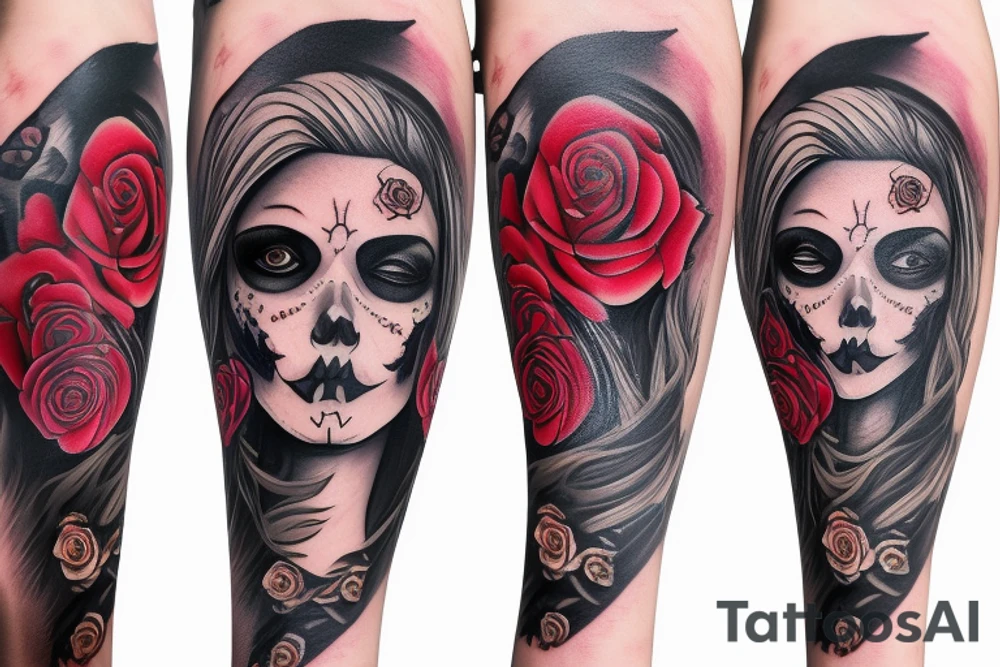 escise beautiful girls face in santa muerte style with blonde hair and a rose in it tattoo for arm tattoo idea