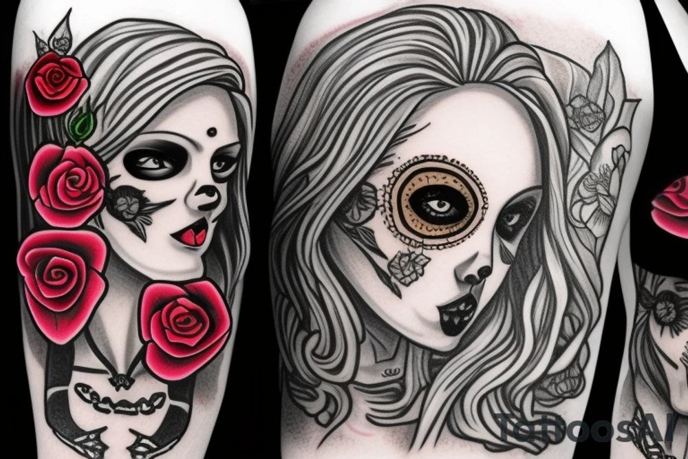 excise beautiful girls face in santa muerte style with blonde hair and a rose in it tattoo for arm tattoo idea
