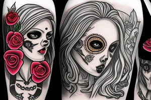 excise beautiful girls face in santa muerte style with blonde hair and a rose in it tattoo for arm tattoo idea