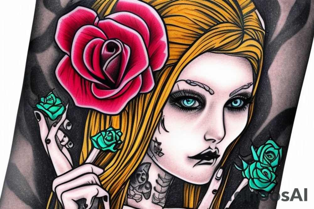 excise beautiful girls face in santa muerte style with blonde hair and a rose in it tattoo for arm tattoo idea