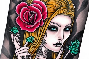 excise beautiful girls face in santa muerte style with blonde hair and a rose in it tattoo for arm tattoo idea