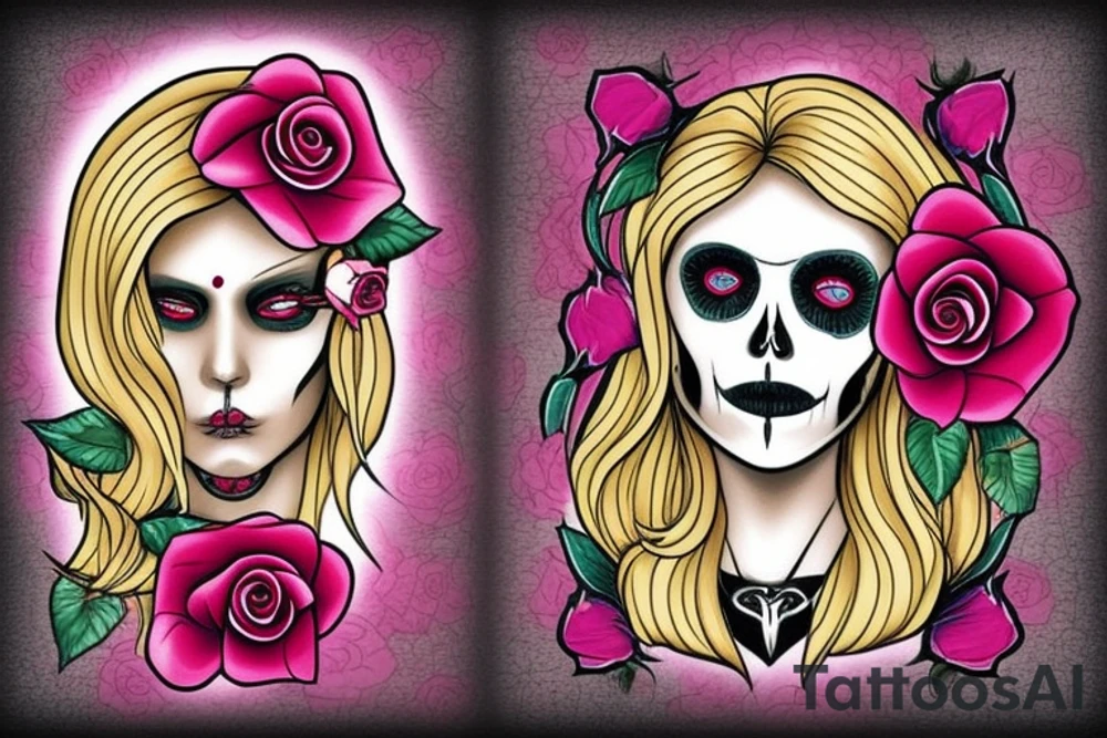 excise beautiful girls face in santa muerte style with blonde hair and a rose in it tattoo for the arm tattoo idea