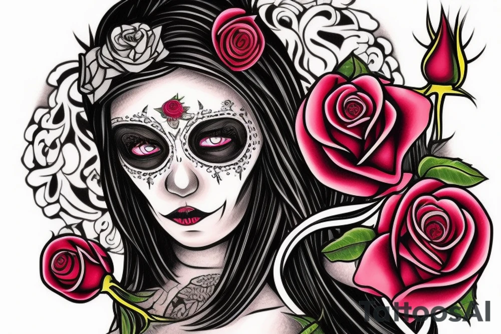 excise beautiful girls face in santa muerte style with blonde hair and a rose in it tattoo for the arm tattoo idea