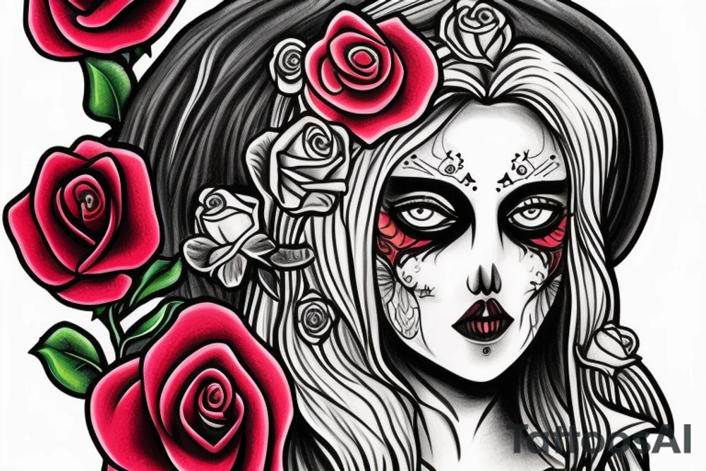 excise beautiful girls face in santa muerte style with blonde hair and a rose in it tattoo for the arm tattoo idea