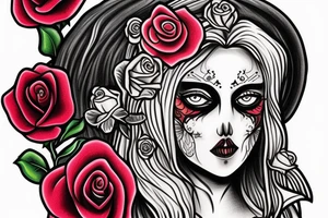 excise beautiful girls face in santa muerte style with blonde hair and a rose in it tattoo for the arm tattoo idea