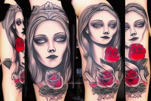 excise beautiful girls face in santa muerte style with blonde hair and a rose in it tattoo for the arm tattoo idea
