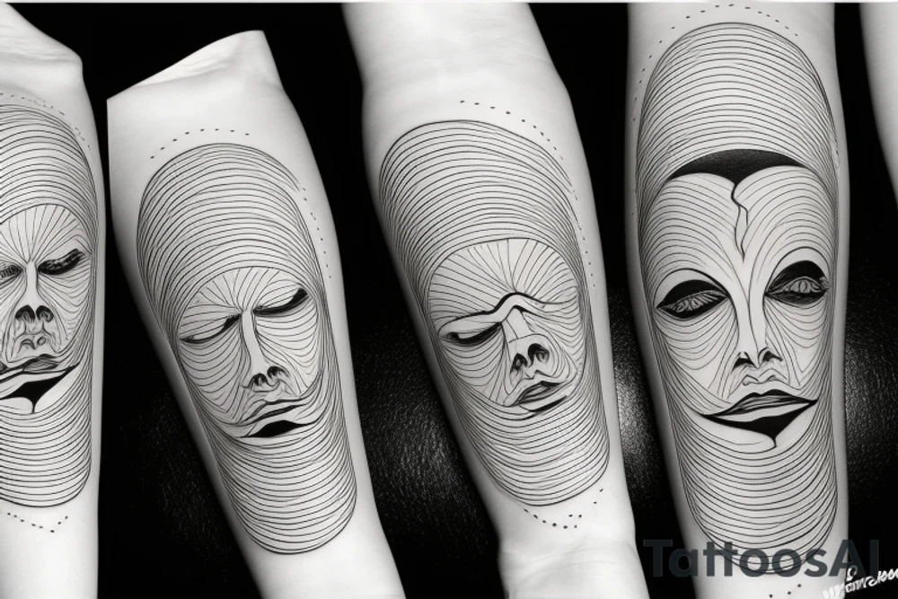 a fine line tattoo with 3 minimalist faces that represent the distortion of reality. tattoo idea