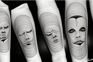 a fine line tattoo with 3 minimalist faces that represent the distortion of reality. tattoo idea