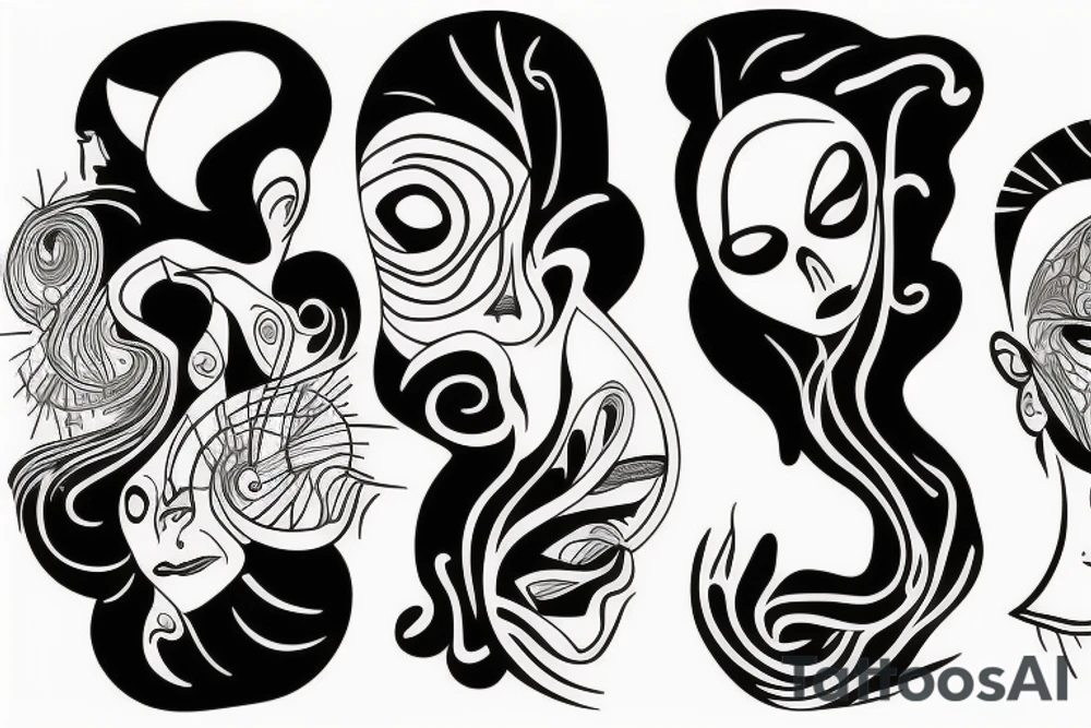 a fine line tattoo with 3 minimalist faces that represent the distortion of reality. tattoo idea