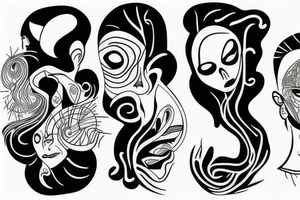a fine line tattoo with 3 minimalist faces that represent the distortion of reality. tattoo idea