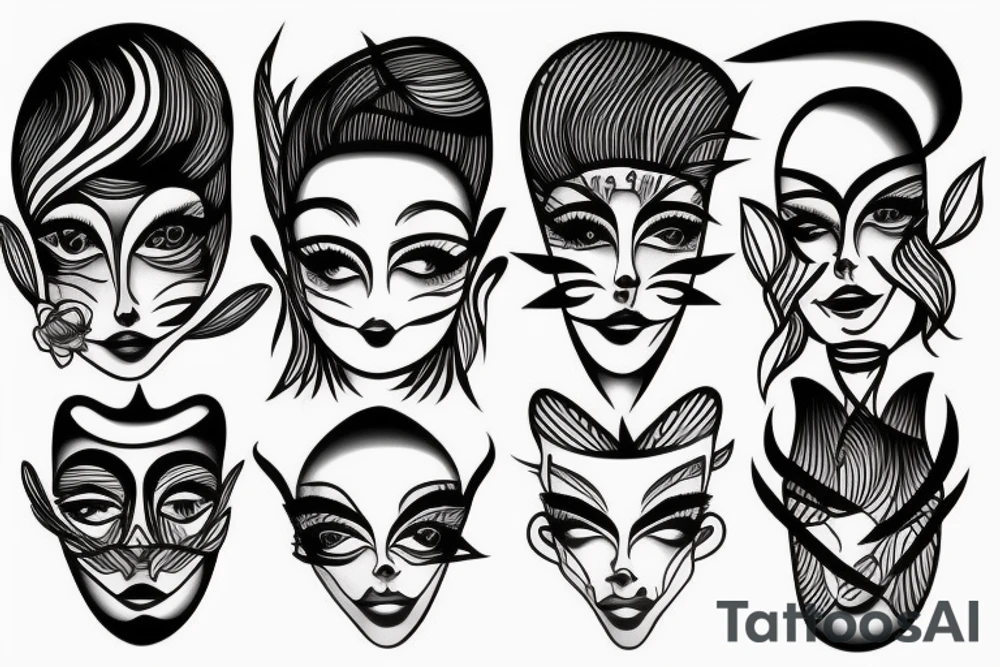 a fine line tattoo with 3 minimalist faces that represent the distortion of reality. tattoo idea