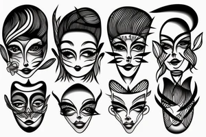 a fine line tattoo with 3 minimalist faces that represent the distortion of reality. tattoo idea