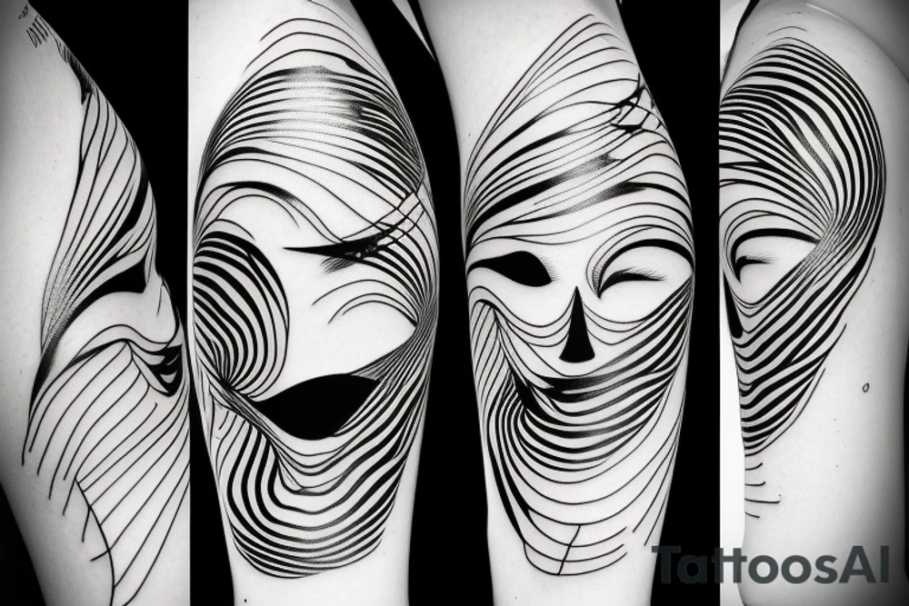 a fine line tattoo with 3 minimalist faces that represent the distortion of reality. tattoo idea