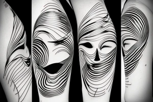 a fine line tattoo with 3 minimalist faces that represent the distortion of reality. tattoo idea