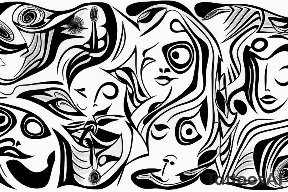 a fine line tattoo with 3 minimalist faces that represent the distortion of reality. tattoo idea