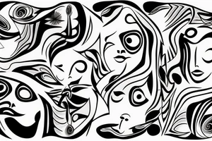 a fine line tattoo with 3 minimalist faces that represent the distortion of reality. tattoo idea