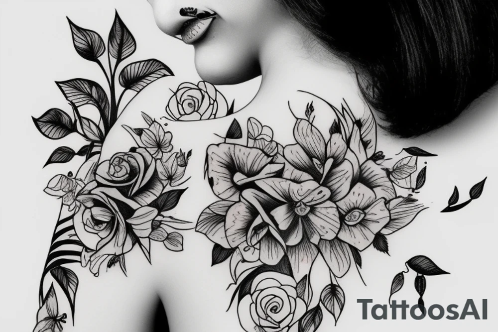 fine tattoo of a girl being pierced by a flower tattoo idea