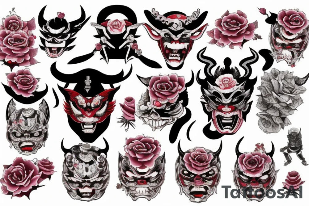 japanese demon mask with rose and katana tattoo idea