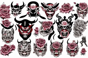 japanese demon mask with rose and katana tattoo idea