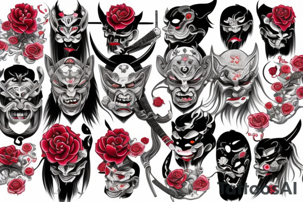 japanese demon mask with rose and katana tattoo idea