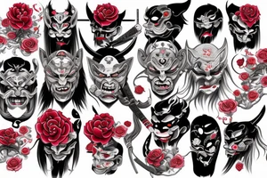 japanese demon mask with rose and katana tattoo idea