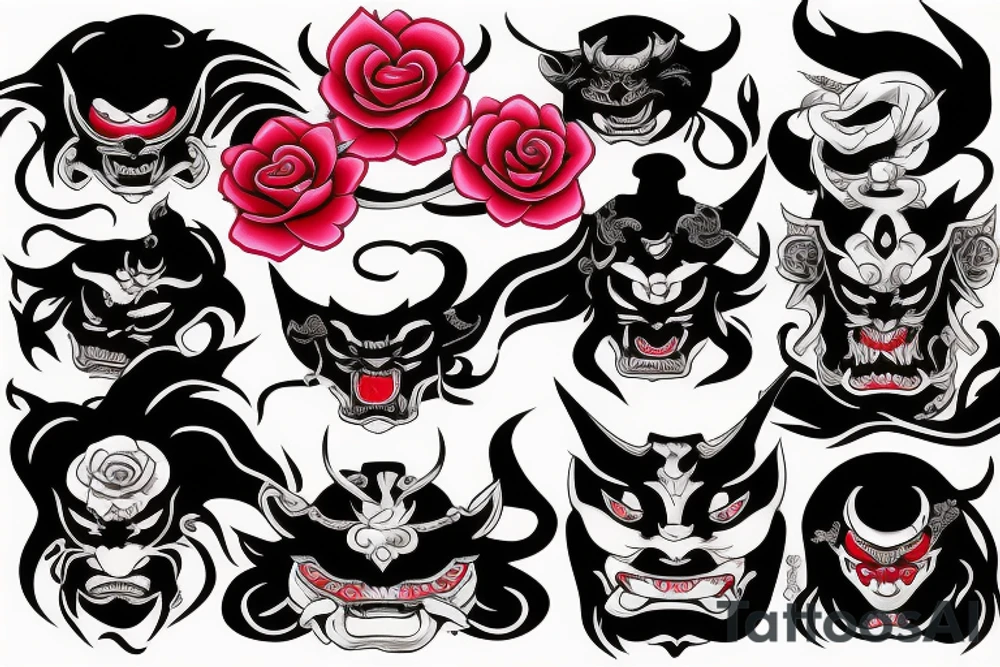 japanese demon mask with rose and katana tattoo idea