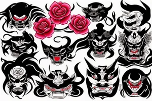 japanese demon mask with rose and katana tattoo idea