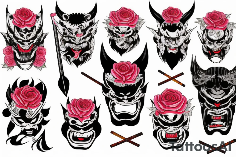 japanese demon mask with rose and katana tattoo idea