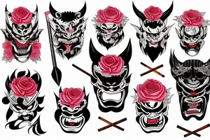 japanese demon mask with rose and katana tattoo idea