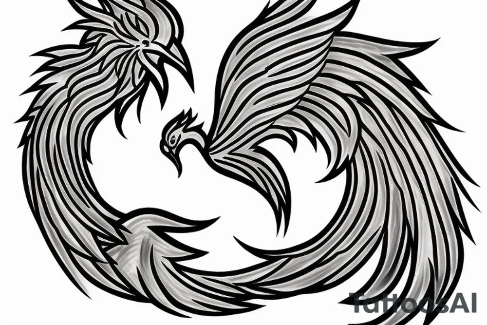 Create a phoenix tattoo sketch in colour with tale full of flames and peacock feathers tattoo idea