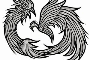 Create a phoenix tattoo sketch in colour with tale full of flames and peacock feathers tattoo idea