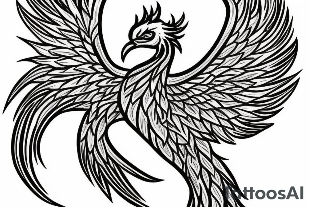 Create a phoenix tattoo sketch in colour with tale full of flames and peacock feathers tattoo idea