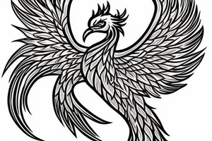 Create a phoenix tattoo sketch in colour with tale full of flames and peacock feathers tattoo idea