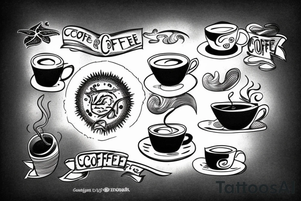cup with coffee, sea, sun in the frame tattoo idea