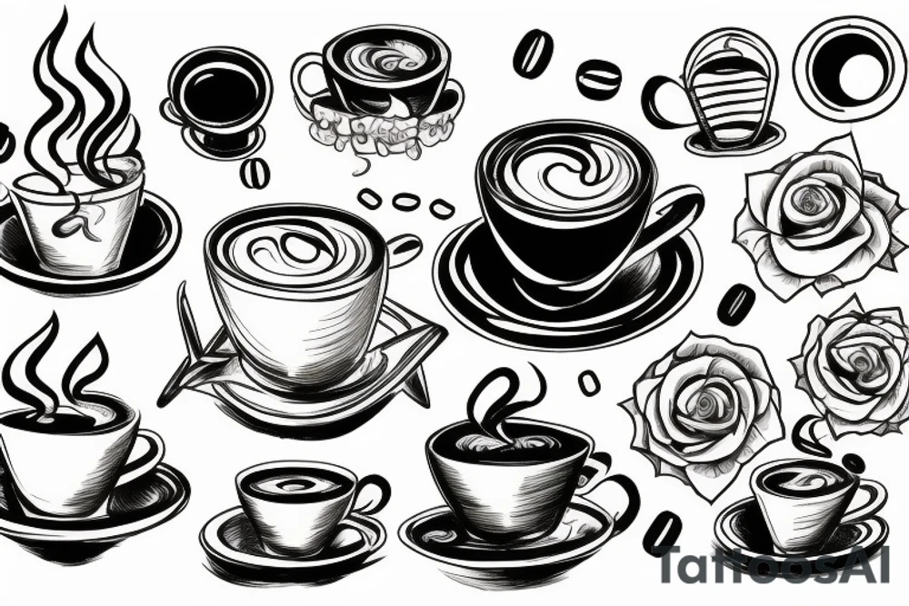 cup with coffee, sea, sun in the frame tattoo idea