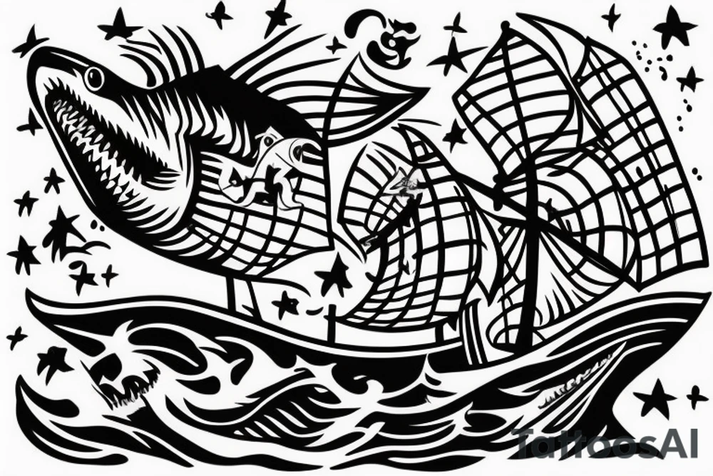 Shark jumping out of water in front of a pirate ship. The shark being the main focus tattoo idea