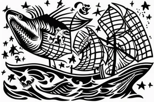 Shark jumping out of water in front of a pirate ship. The shark being the main focus tattoo idea