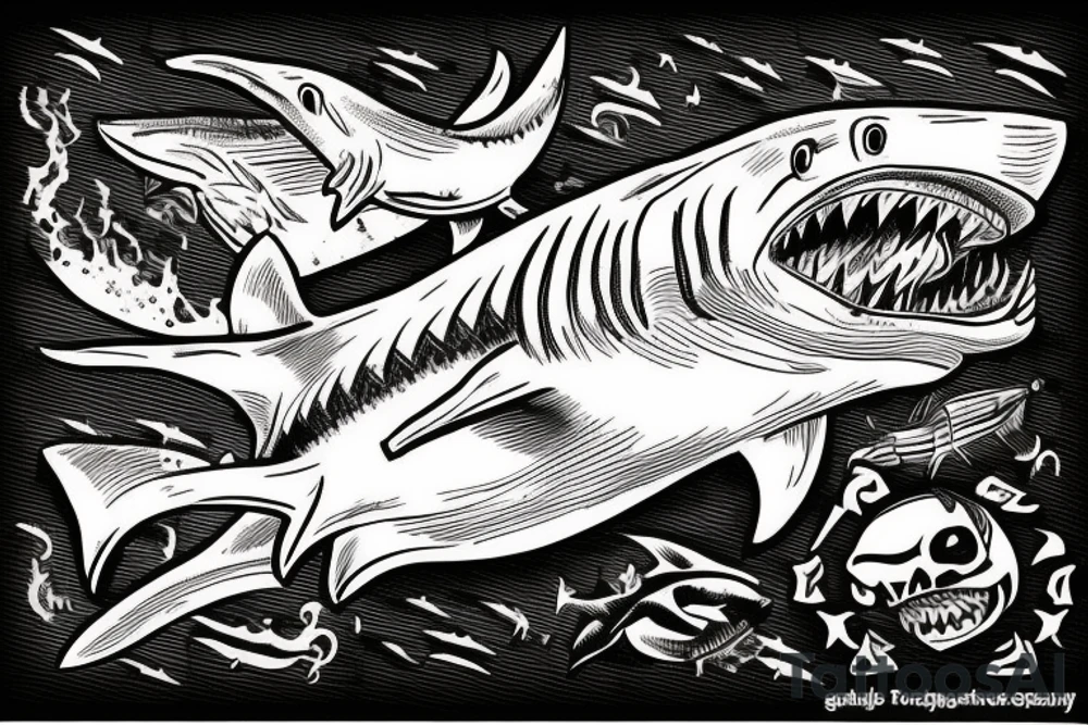 Shark jumping out of water in front of a pirate ship. The shark being the main focus tattoo idea