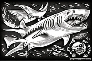 Shark jumping out of water in front of a pirate ship. The shark being the main focus tattoo idea
