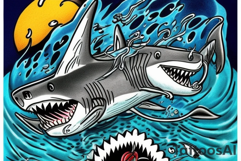 Shark jumping out of water in front of a pirate ship. The shark being the main focus tattoo idea