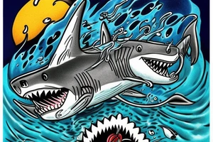 Shark jumping out of water in front of a pirate ship. The shark being the main focus tattoo idea