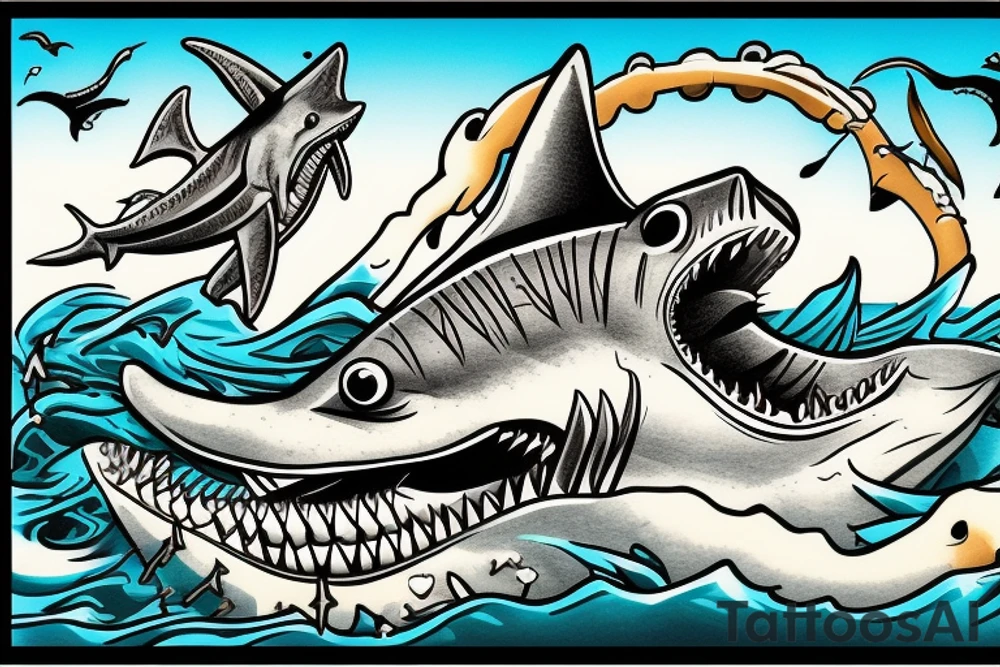 Shark jumping out of water in front of a pirate ship. The shark being the main focus tattoo idea