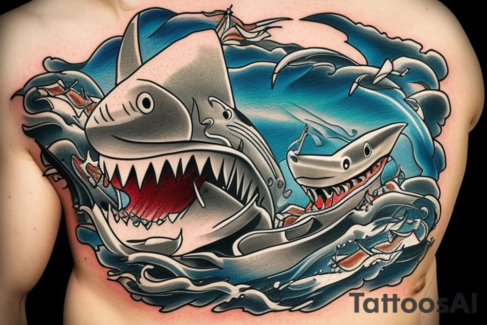 Shark jumping out of water in front of a pirate ship. The shark being the main focus tattoo idea