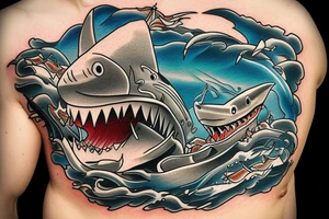 Shark jumping out of water in front of a pirate ship. The shark being the main focus tattoo idea